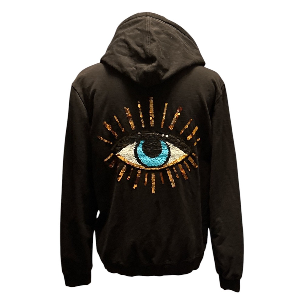 Vinizbena Black Full-Zip Sequined Evil Eye Hoodie, Large, Designed in Italy